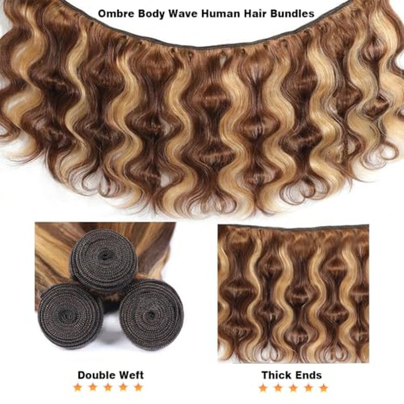 Perstar Ombre Highlight Body Wave Bundles Human Hair Honey Blonde 4/27 Human Hair Bundles 18 20 22 Inches Soft and Healthy 100% Unprocessed Brazilian Virgin Remy Hair Weft