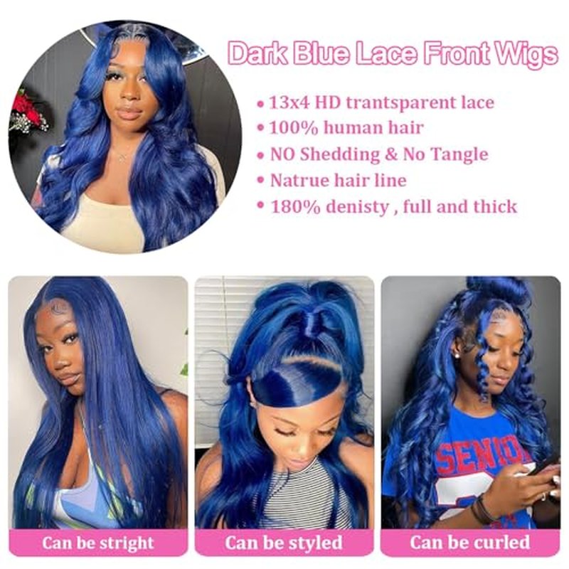 26 Inch Drak Blue 13x4 Body Wave Lace Front Wigs Human Hair 180 Density Glueless HD Transparent Lace Frontal Wigs Human Hair Pre Plucked With Baby Hair Blue Wigs For Women