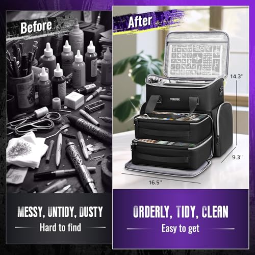 YOREPEK Tattoo Travel Case, Waterproof Tattoo Bag with 2 Removable Organizer Pouches, Adjustable Dividers, Tattoo Carrying Case for Equipment, Supplies, Stencil Printer, Artist Gifts