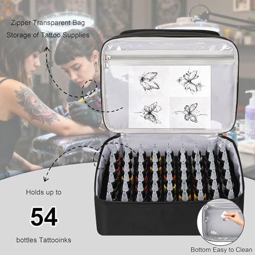 Tattoo Travel Case Holds 54 Bottles (30ml/1fl.oz) & Tattoo Supplies and Equipment, Large Travel Carring Case Double-Layer Organizer Shoulder Bag for Large Tattoo Stencil Printer