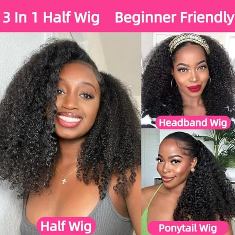 Curly Half Wig Human Hair 200% Density Seamless Flip Over Wig Wear and Go Glueless Drawstring Wig Human Hair for Women 3 In 1 Deep Curly Headband Wig Beginner Friendly 22 Inch