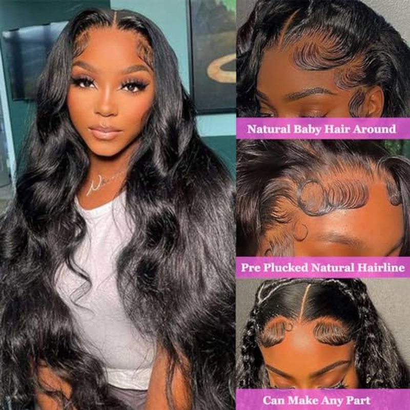 CITY GIRL 32 Inch Body Wave Lace Front Wigs Human Hair Pre Plucked 13x4 hd Transparent Lace Frontal Body Wave Human Hair Wig for Women 200 Density Natural Black