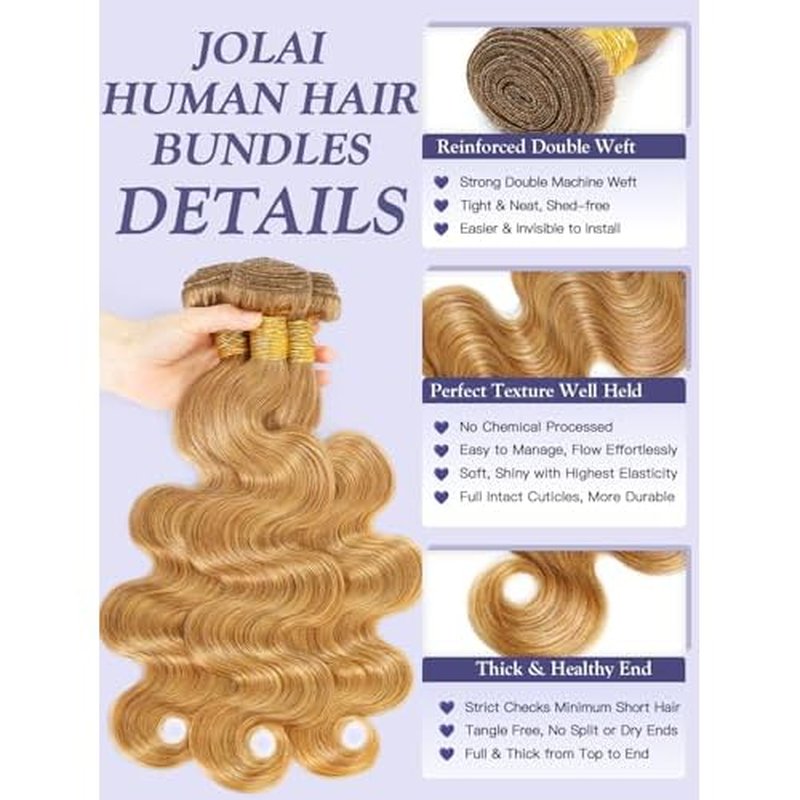 Honey Blonde Bundles with Closure Human Hair Body Wave 10 12 14+10 Inch, Color 27 Golden Ash Blonde 3 Bundles with 4x4 HD Closure 12A 100% Raw Brazilian Virgin Hair Sew In Weave with 4x4 Closure #27