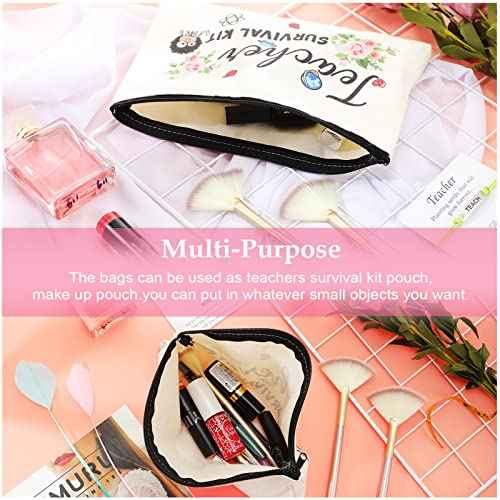 Weewooday 12 Pcs Teacher Appreciation Present Set 6 Teacher Survival Kit Bag Makeup Pouch Pencil Bag, 6 Blessing Card Bracelet Kit(9 x 5.9 Inch,Cute Style)