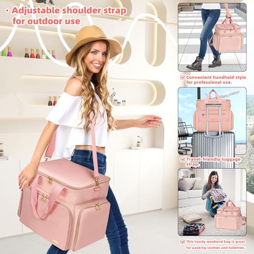 Nail Polish Organizer Case for 96 Bottles ? Waterproof Travel Bag with Hard Bottom ? Double Layer Nail Storage Bag with Adjustable Dividers & Nail Lamp Compartment ? for Home or Salon Use