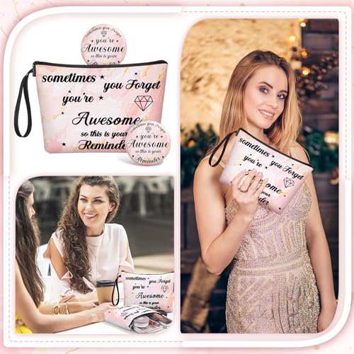 Xuniea 24 Pcs Inspirational Gifts for Women Bulk 12 Motivation Canvas Makeup Bags 12 Round Portable Pocket Mirror for Team Employee Coworker Housekeeping Appreciation Thank You Gifts(Awesome)