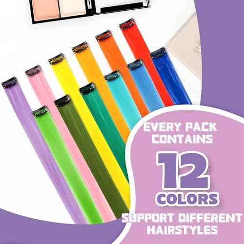 12 PCS Colored Clip in Hair Extensions - BEAHOT 20 Inches Rainbow Long Straight Hairpieces Clip in Synthetic, Halloween Cosplay Dress Up Fashion Party Christmas New Year Gift for Women Kids Girls