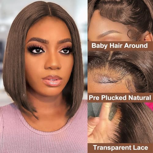 Chocolate Brown Bob Wig Human Hair Straight 13x4 HD Lace Front Wigs for Black Women Glueless Short Bob Lace Frontal Wig Human Hair Pre Plucked 150% Density #4 Color 16 Inch