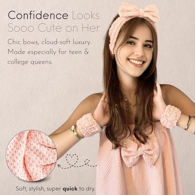 Happy Lolli Power Shower Gift Set ? College Essential Bath Accessories for Women and Teen Girls ? Includes Body Towel, Hair Towel, Wrist Bands, Headband, Face Sponge and More (Fresh in Pink)