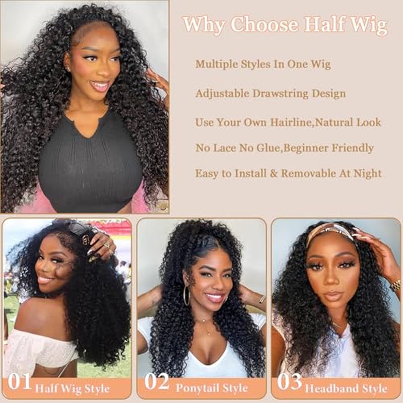 MISSJAY Curly Half Wig Human Hair Kinky Curly Wear and Go Glueless Wigs 200% Density 3 In 1 Seamless Flip Over Half Wigs Human Hair Beginner Friendly Drawstring Headband Wig for Women 20 Inch