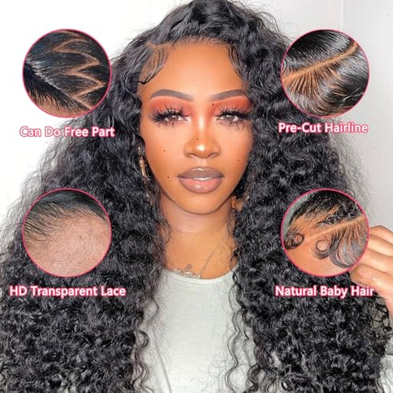 26 Inch Water Wave Lace Front Wigs Human Hair Wigs for Black Women 180% Density 5x5 HD Lace Front Glueless Wigs Human Hair Pre Plucked with Baby Hair Deep Curly Lace Frontal Human Hair Wig