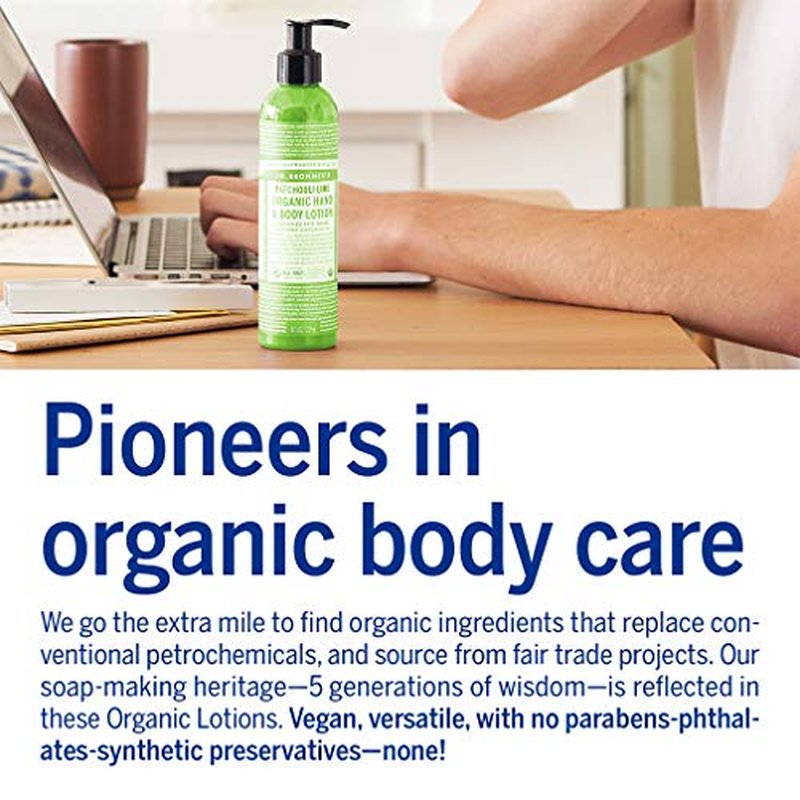 Dr. Bronner's - Organic Lotion (Patchouli Lime, 8 Ounce) - Body Lotion and Moisturizer, Certified Organic, Soothing for Hands, Face and Body, Highly Emollient, Nourishes and Hydrates, Vegan, Non-GMO