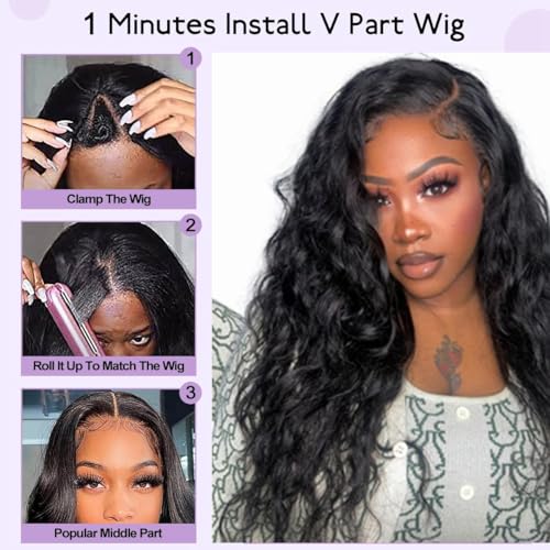 Curly V Part Wig 180% Density No Leave Out V Part Wigs Upgrade U Part Glueless Wigs for Black Women Premium Fiber & Remy Human Hair Blended, Realistic Look with True Scalp (Natural Black, 22 Inch)