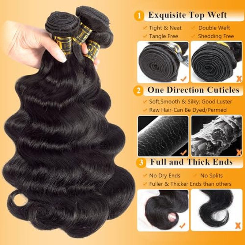 QTHAIR Brazilian Virgin Hair 16A Grade Body Wave Bundles 100% Unprocessed Virgin Brazilian Body Wavy Human Hair Bundles 20" 18" 16" 300g Brazilian Body Wave Human Hair Extensions