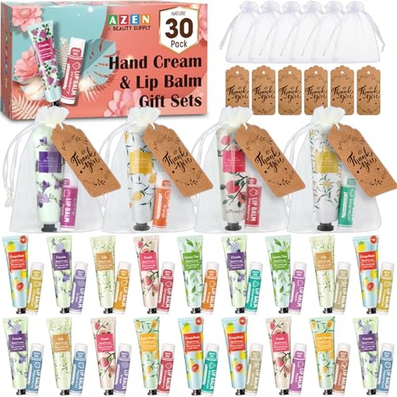 AZEN 30 Sets Bulk Gifts, Hand Cream and Lip Balm Bulk Set with Organza Bag Thank You Card, Baby Shower Wedding Gifts for Guests, Bridal Wedding Favors for Guests,Thank You Gifts for Women
