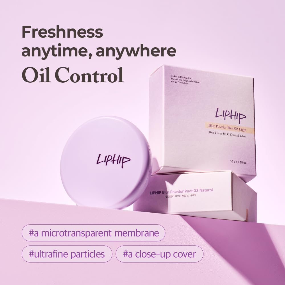 LIPHIP Blur Powder Pact - Pressed Powder Compact with Mirror and Puff Makeup Setting, Blurs Fine Lines & Imperfections, All Day Wear, Perfect for On The Go, Face Sebum Oil Control (03.Natural, One)