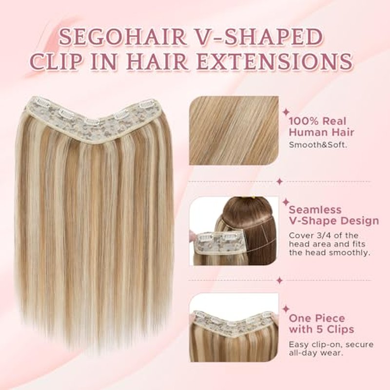 One Piece Clip in Hair Extensions 100% Real Human Hair 3/4 Full Head Hair with Upgraded V-Shaped Weft 5 Clips in Hair Extensions for Women, £¨18 Inch, #12P613 Golden Brown mixed Bleach Blonde£©