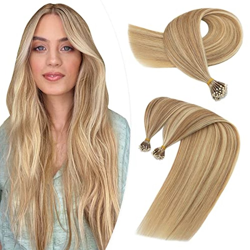 Hairro Bead Human Hair Extensions Microlink Nano Ring Cold Fushion Pre Bonded Keratin Nano tip Remy Hair For Women 24inch 50g/PACK 50 Strands #12P613 Golden Brown Highlight Bleach Blonde
