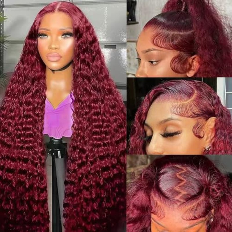 Burgundy Wig Human Hair 13x6 Deep Wave Lace Front Wigs Human Hair 200 Density 99j Burgundy HD Lace Front Wigs Pre Plucked 200 Density Red Colored Wig with Baby Hair for Women 20 Inch