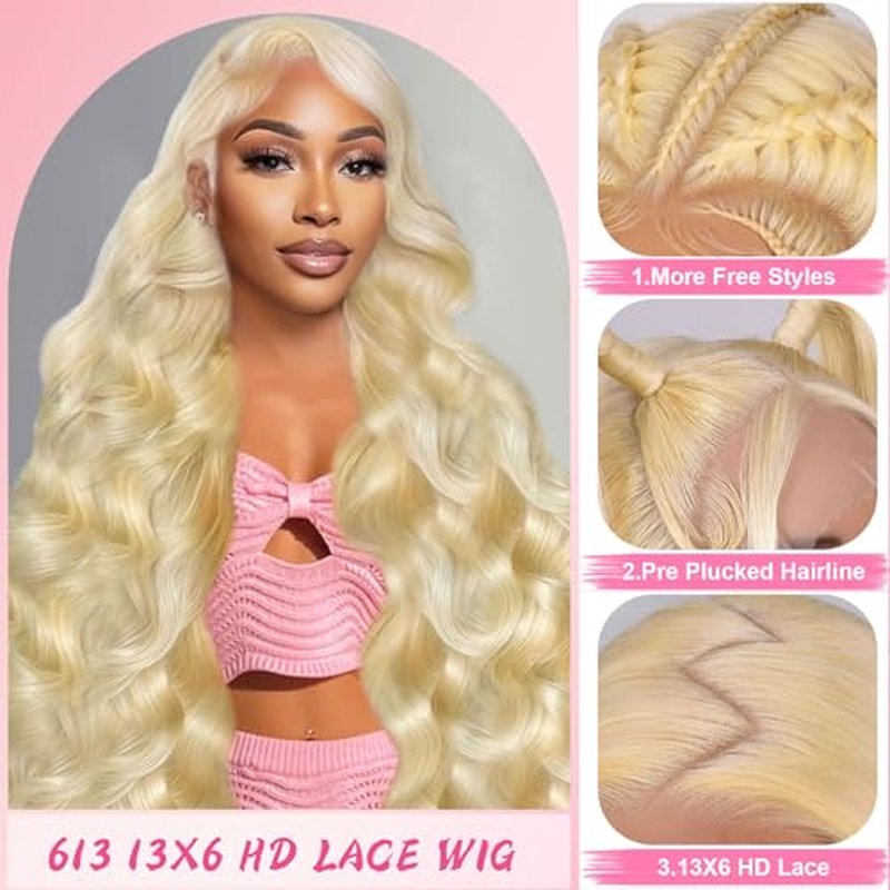 613 Lace Front Wig Human Hair 200 Density Blonde Wig Human Hair Body Wave 13x6 HD Transparent Lace Front Wigs Human Hair Pre Plucked 26 Inch Blonde HD Lace Frontal Wig Glueless Wig For Women
