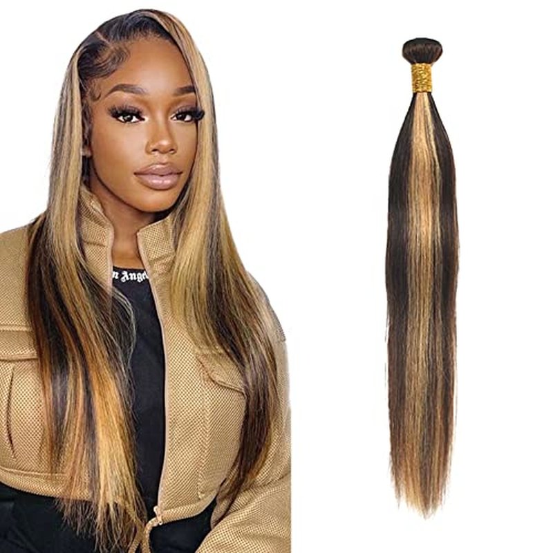 P4/27 Highlight Blonde Bundles Human Hair Straight Bundles 22 Inch Brown Straight Bundle Human Hair Extensions Unproceesed Virgin Hair 100 Gram Per Bundle 1 Bundle