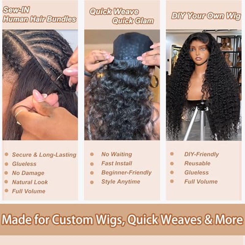 12A Deep Wave Bundles 18 20 22 Inch Deep Wave Human Hair Bundles 100% Unprocessed Brazilian Virgin Wet and Wavy Human Hair 3 Bundles Quick Weave Bundles for Women