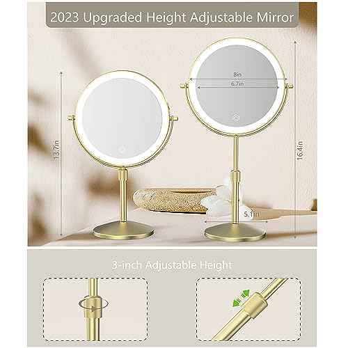 8" Lighted Makeup Mirror, 1X/10X Magnification, Double Sided Dimmable, Rechargeable & Height Adjustable, Cordless Vanity Mirror (Gold)