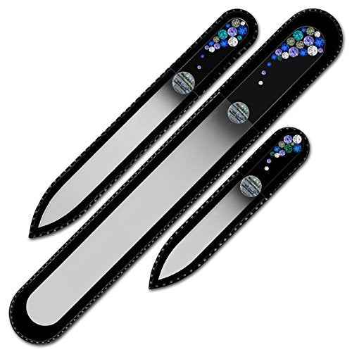 Set of 3 Glass Nail Files Hand Decorated with Crystals - in Black Velvet Sleeve - Genuine Czech Tempered Glass - Handmade Crystal Nail Files