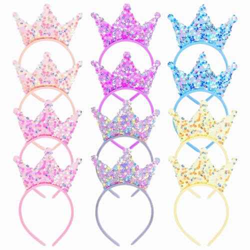 12 Pack Princess Crown Headband, Glitter Sequin Crown Headband, Shiny Tiaras and Crowns Hair Accessories for Birthday Party, Proms, Gifts
