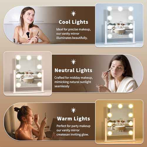 Generic Vanity Mirror with Lights, 9 Dimmable Bulbs, 3 Color Lighting Modes, Detachable 10x Magnification, Touch Control, Tabletop Mount, 3"L x 2"W, White
