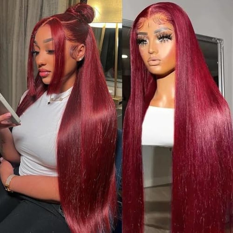 99j Burgundy 13x6 HD Lace Front Wigs Human Hair 24inch Straight Human Hair Wigs HD Lace Frontal Wigs for Black Women 250% Density Glueless Wigs Human Hair Pre Plucked Pre Cut With Baby Hair