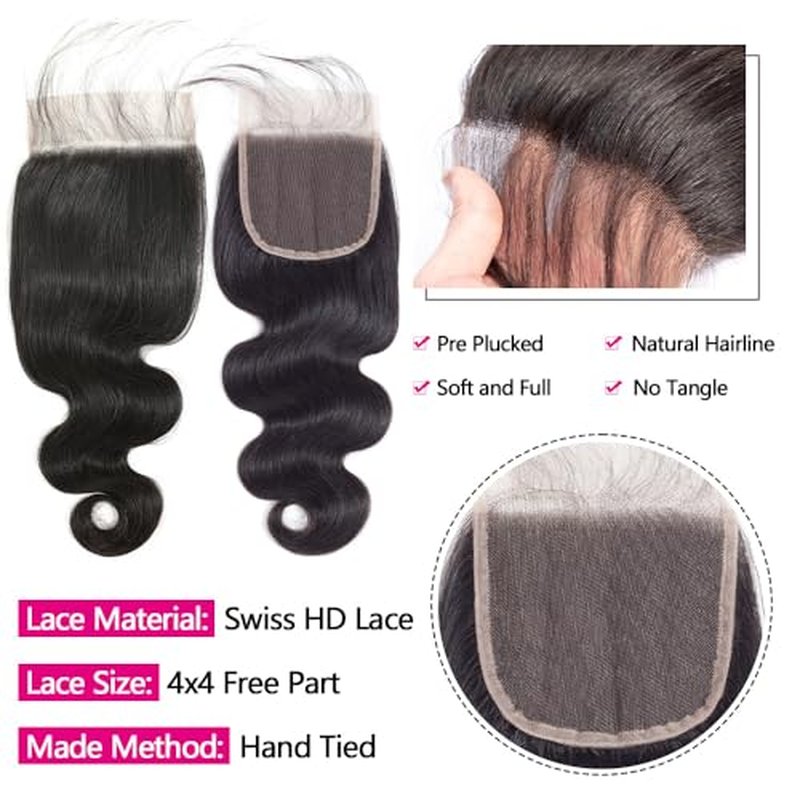 12A Human Hair Bundles with Closure 18 20 22 with 16 Inch Brazilian Body Wave 3 Bundles Human Hair with 4x4 HD Lace Closure 100% Unprocessed Virgin Human Hair Weave