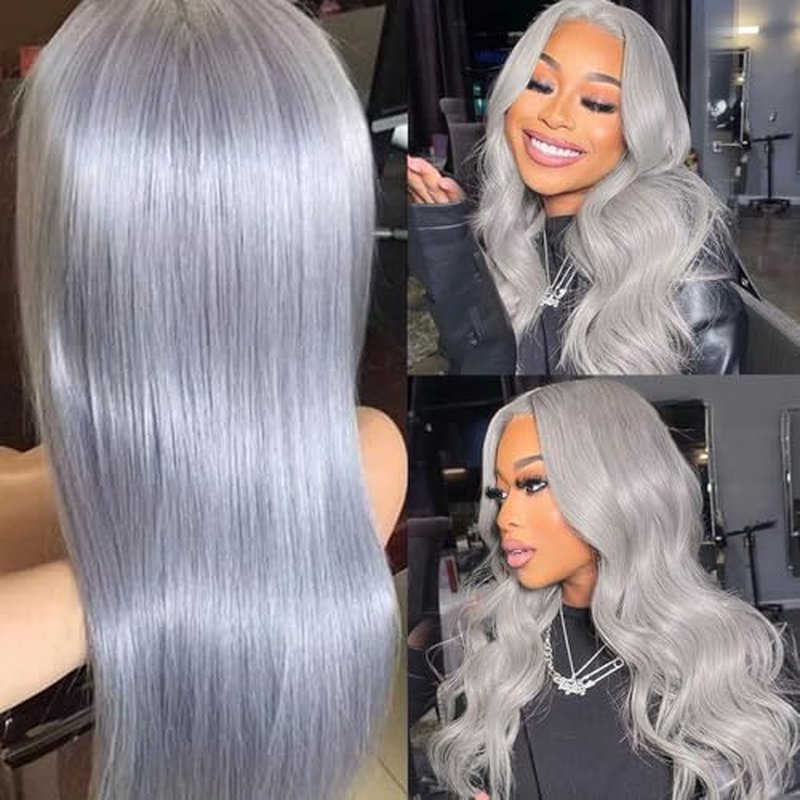 Smartinnov Silver Lace Front Wigs Human Hair 20 Inch for Women Platinum Grey Straight Real Hair Pre Plucked 150% Density 13¡¿4 HD Transparent Lace Frontal Wig Glueless Grey Lace Front Wigs for Women