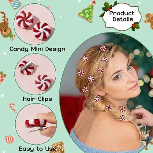 Christmas Candy Hair Clips - 30 Pcs Red and White Peppermint Snap Clips for Women Girls Bulk Holiday Party Favors, Christmas Stocking Filling, Classroom Gifts, DIY Hair Accessories for Xmas