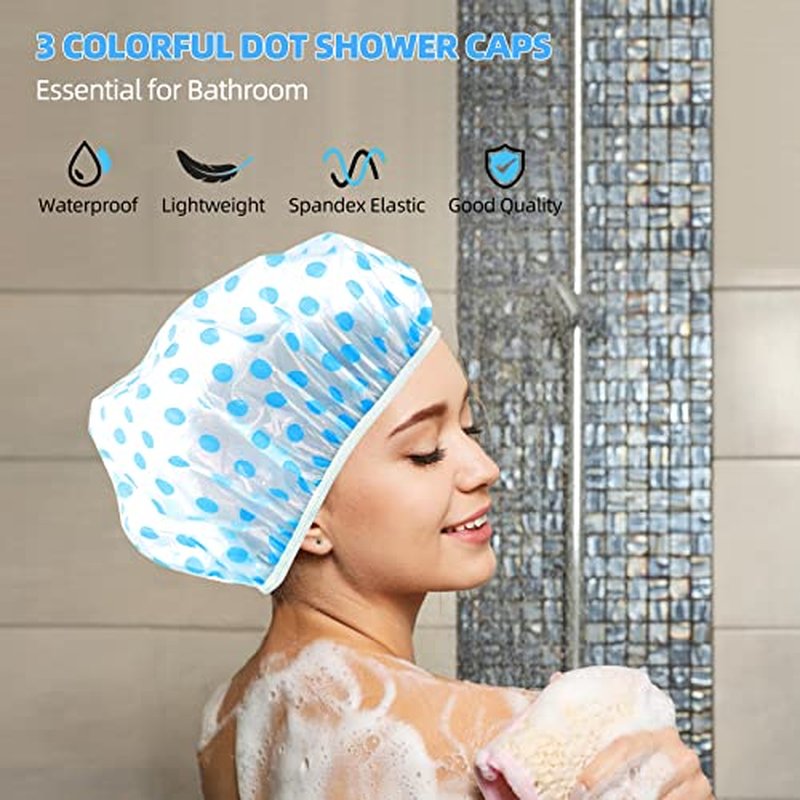 Shower Cap, Reusable Shower Hat Bath Caps, Waterproof with Elastic Band Hair Hat for Men Women Ladies Spa Salon, Coloful Dotted, 6 Packs
