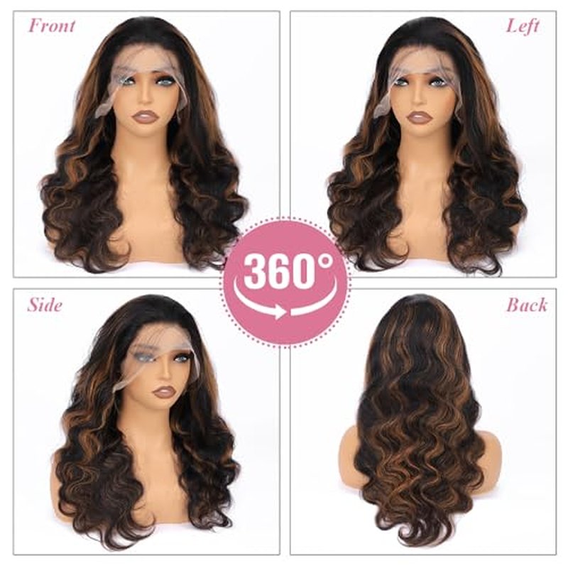 Ombre Lace Front Wig Human Hair 13x6 HD Transparent Body Wave 24 Inch Lace Frontal Wigs Human Hair Pre Plucked 180% Density 1/30 Colored Highlight Lace Front Wig for Women