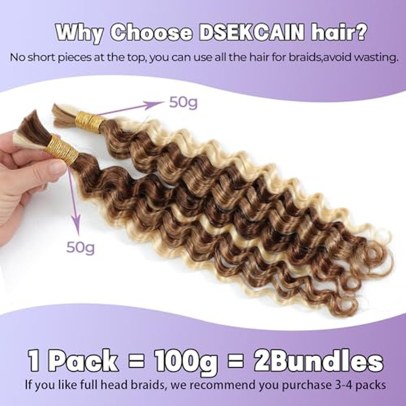 P27/30/613 Human Braiding Hair for Boho Braids Highlight Brown Blonde Deep Wave Bulk Human Hair for Braiding Crochet Curly Braiding Human Hair Knotless Bohemian Braids100g (2 of 50g) 20 Inch