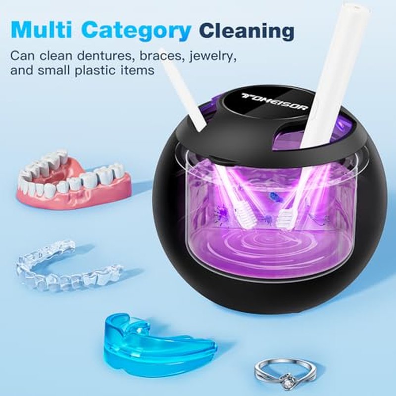 Ultrasonic Retainer Cleaner Machine,45kHz Ultrasonic Cleaner,360¡ÆCleaning for Dentures,Aligner,Mouth Guard,Jewelry,Braces,Toothbrush Heads with 200 ML Dental Cleaning Pod, 3 Modes,Black
