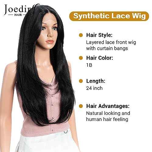 Synthetic Lace Front Wig for Women Long Layered Hair Wig with Curtain Bangs 24 inch Long Straight Black Hair Wig for Daily Party Cosplay (Color:1B)