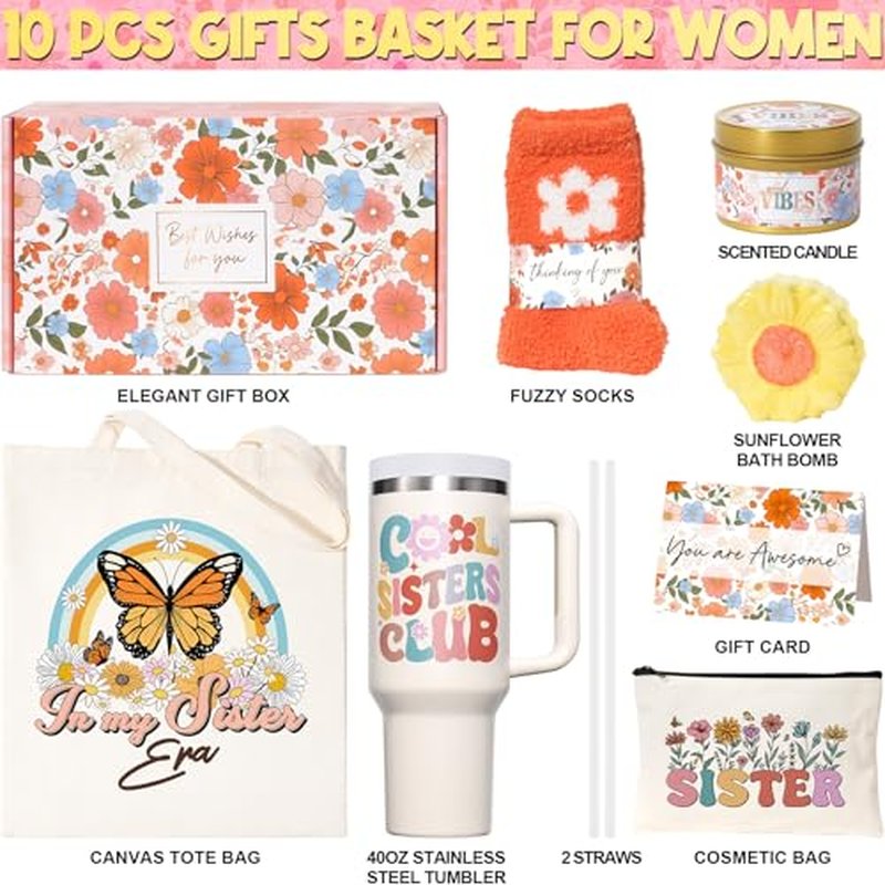 Sister Gifts from Sister, Birthday Christmas Gifts for Sisters, Little Big Sisters in Law Gift Thinking of You Gift from Brother, Cool Care Package with 40 OZ Tumbler Canvas Tote Bag Makeup Bag