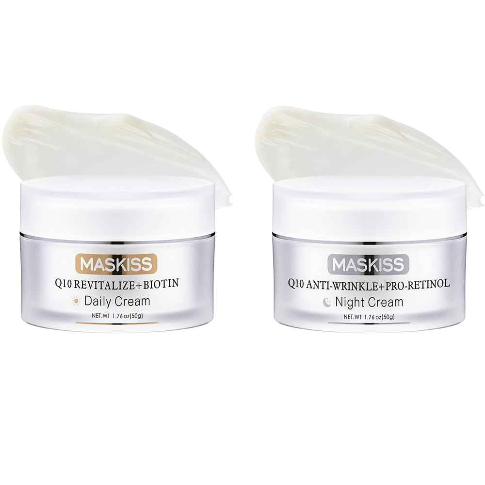 Maskiss Anti-Wrinkle Night Cream (Q10 + Pro-Retinol) & Face Cream (Q10 + Biotin), Unscented Anti-Aging Face Moisturizer for Sensitive Skin