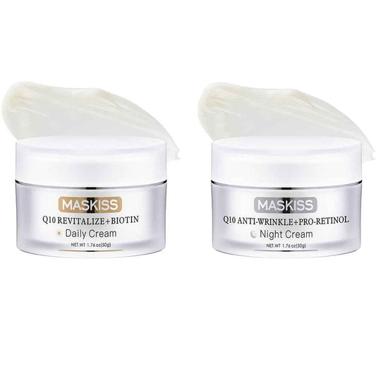 Maskiss Anti-Wrinkle Night Cream (Q10 + Pro-Retinol) & Face Cream (Q10 + Biotin), Unscented Anti-Aging Face Moisturizer for Sensitive Skin