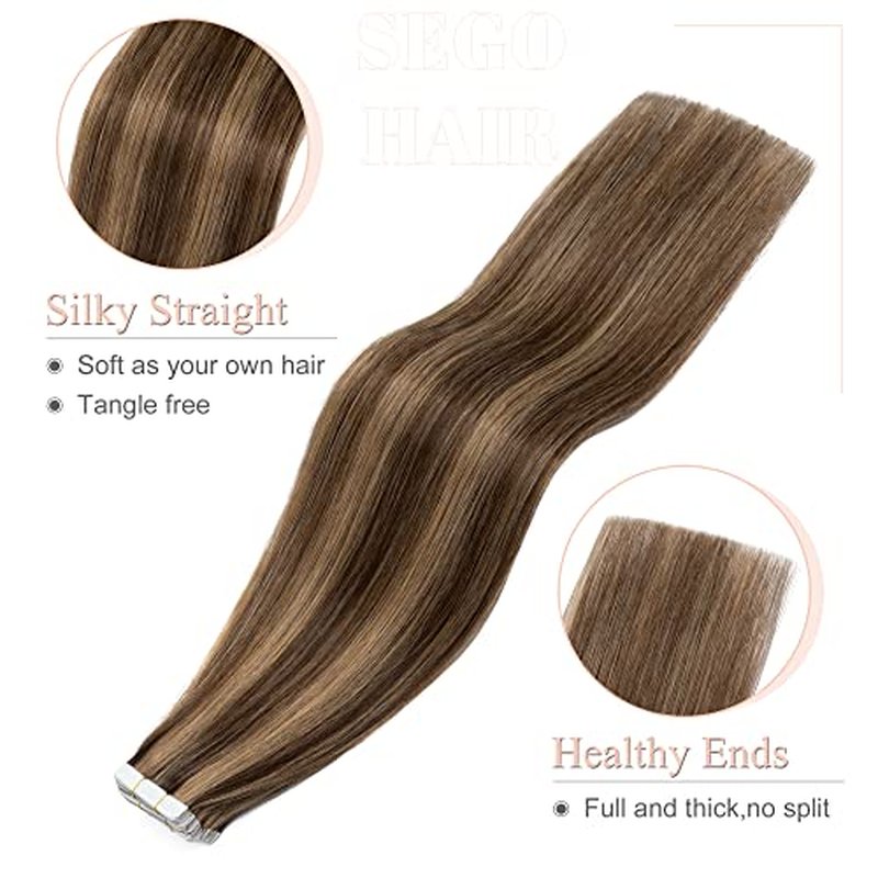 SEGO Tape in Hair Extensions Real Human Hair 20 Inch 40pcs 100g Straight Balayage 100% Remy Seamless Skin Weft Invisible Rooted Double Sided Tape Hair for Women-Medium Brown&Dark Blonde
