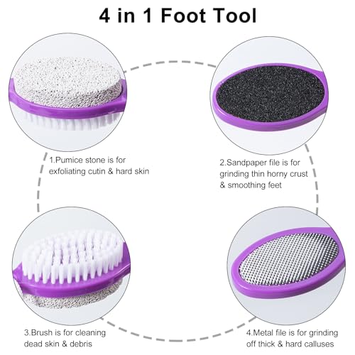 Pumice Stone Brush for Feet 4 in 1, Foot File Callus Remover, Foot Rasp and Sand Paper Pedicure Tools with Handle, Shower Foot Scrubber, Soft Smooth Feet for Home Foot Care,2 Pack