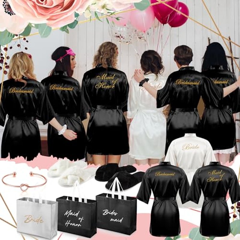 48 Pcs Bridesmaid Bride Robes Set of 8 Bridal Party Silk Satin Robes for Wedding Bachelorette Party Gifts (White,Black)