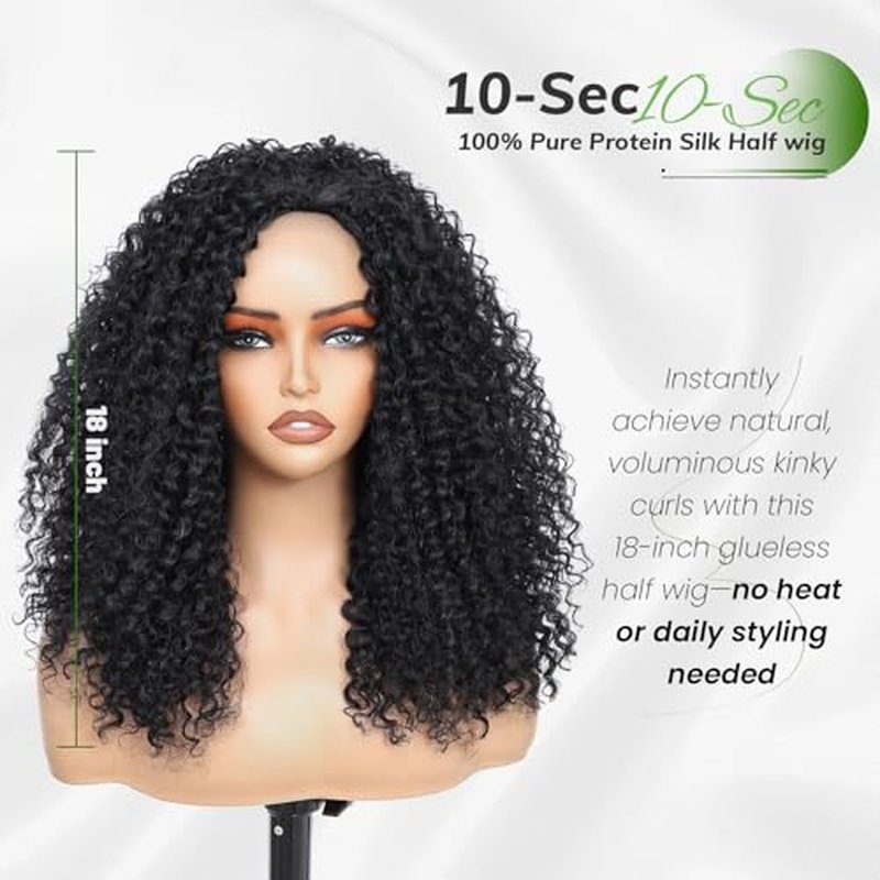 Fine Plus Curly Half Wig for Black Women, 3 in 1 Glueless Half Wig Seamless Flip Over Protein Synthetic Curly Wig Soft Fiber Feel Like Human Hair Long Lasting Curl Degree Lightweight Beginner Friendly