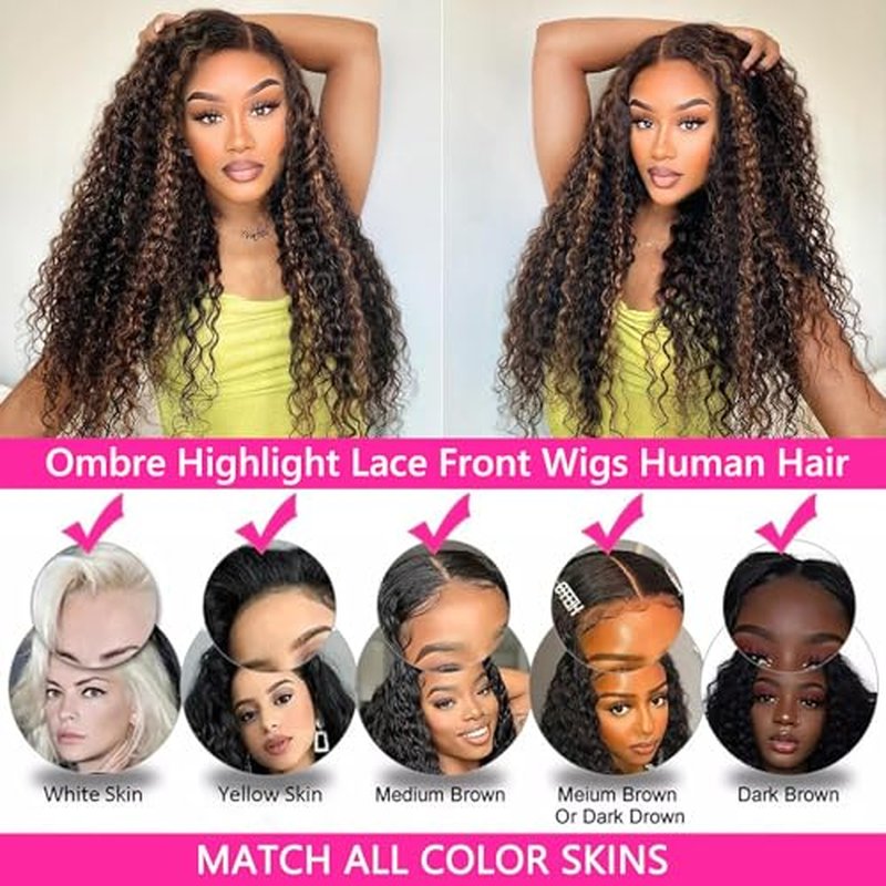 Super idol Highlight Deep Wave Lace Front Wigs Human Hair Brazilian Ombre Lace Closure Wig 4¡¿4 Lace Front 22 Inch Ombre Human Hair Wig Free Part Human Hair Wig Human Hair Wig for Black Women
