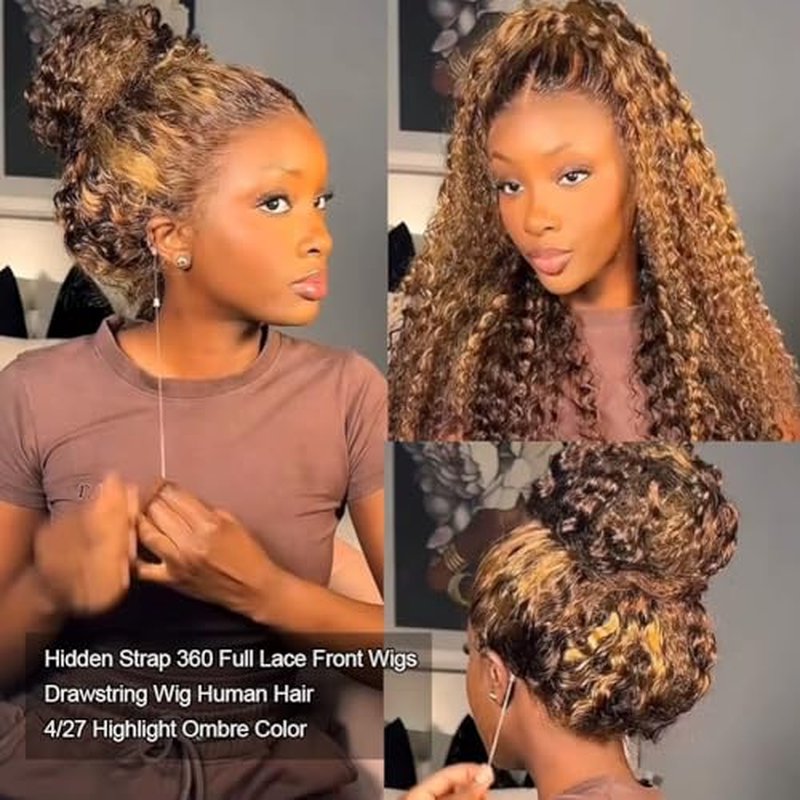 Highlight 360 Lace Front Wigs Human Hair Honey Blonde Deep Wave HD Lace Front Wigs Human Hair Pre Plucked Drawstring 360 Frontal Glueless Wigs 180 Density 4/27 Ombre Full Lace Wig 20 Inch