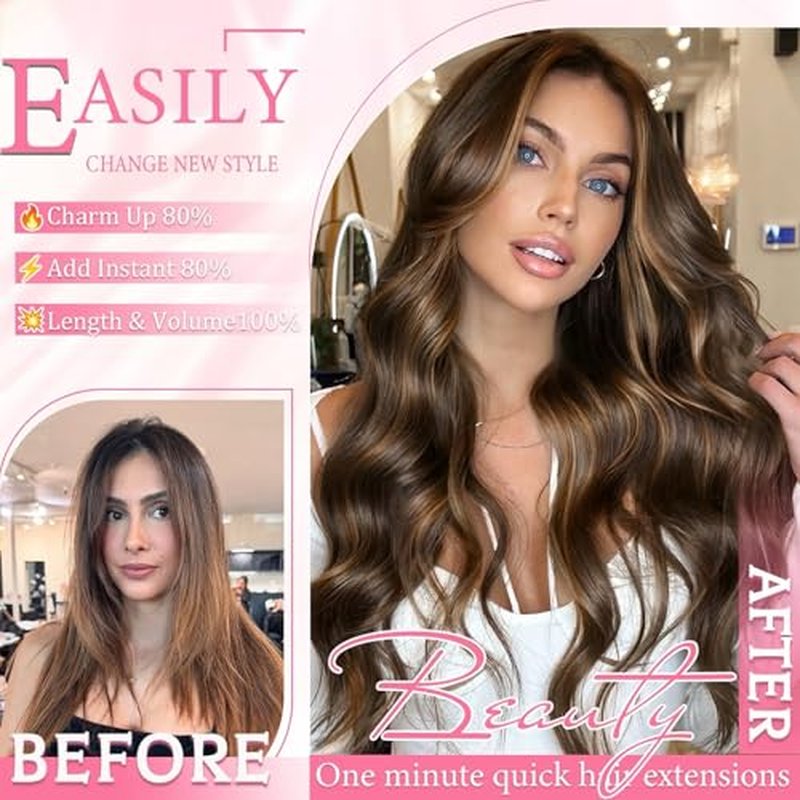 Clip in Hair Extensions Real Human Hair Seamless Balayage Human Clip ins Extensions for Women Invisible Straight 8Pcs Double Weft Dark Brown Highlight Chestnut Brown 16inch 90g