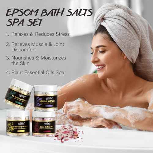 Epsom Bath Salts Gift Set for Soaking 4pcs Bath Salts with Essential Oils for Women Relaxing Lavender Eucalyptus Rose Chamomile Bath Set for Women Luxury Spa Birthday Mother's Day Christmas Gift
